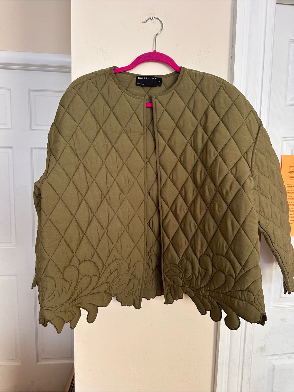 ASOS DESIGN Olive Quilted Jacket Floral Cutwork Scallop Hem US Size S